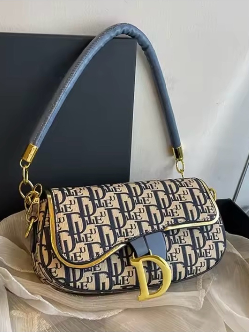 Dior Blue and Beige Monogram Saddle Shoulder Bag with Gold 'D' Accent